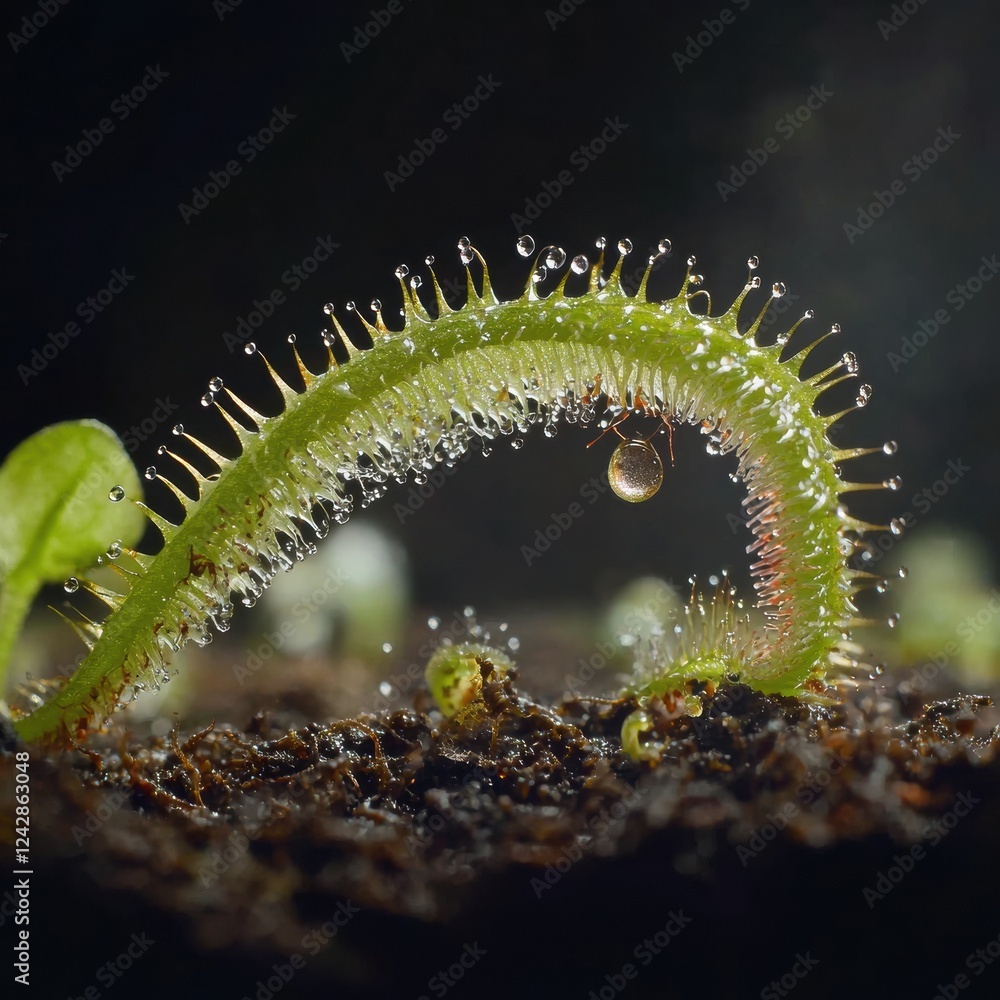 Naklejka premium An Intriguing Close-Up of an Exotic Carnivorous Plant with a Tiny Insect on Its Leaf