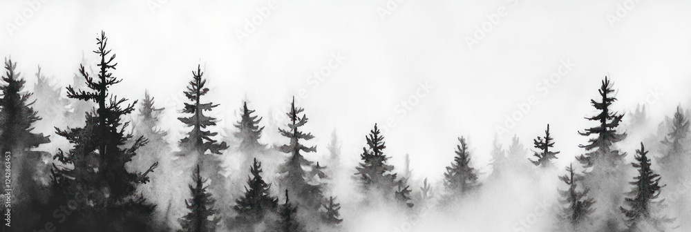 Monochromatic Watercolor Painting Of Misty Pine Trees Monochromatic Watercolor Painting Of Misty Pine Trees