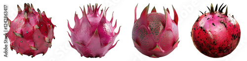 Dragon fruit isolated on transparent background, PNG, Set of