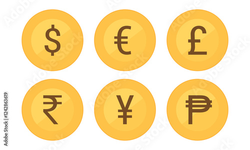 Global currency gold coin set. Flat style vector illustration for financial, economic, and global trade contexts