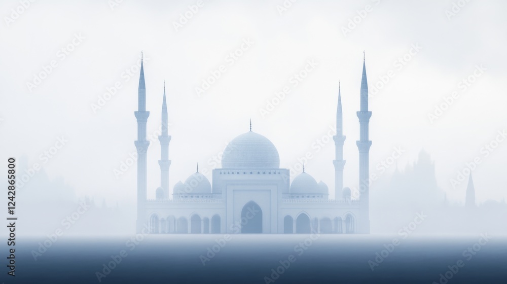 Obraz premium Misty Mosque, serene landscape, peaceful morning, religious site, travel poster
