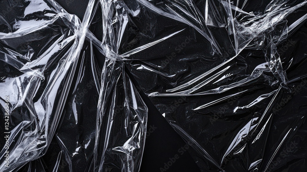 Crumpled Transparent Plastic Wrap on Black Background Crumpled Transparent Plastic Wrap on Black Background
