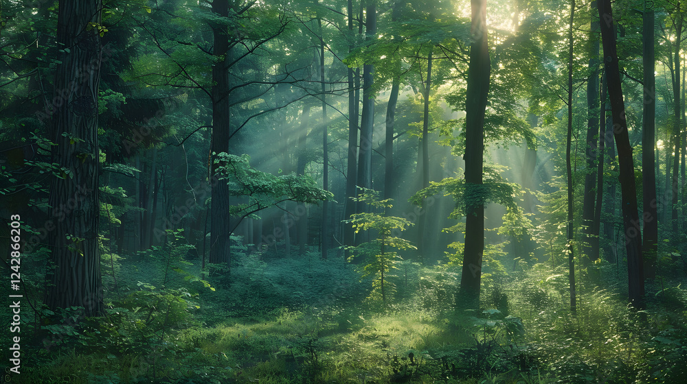 Naklejka premium Peaceful Dawn in a Serene Forest: Light and Shadow Dance Among Trees, Creating a Tranquil Escape