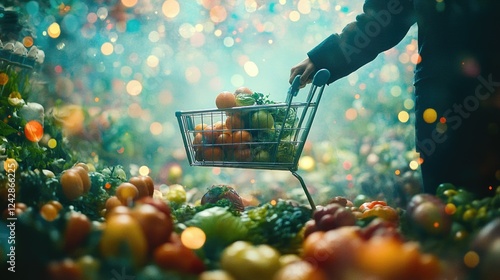 Person pushing a small cart filled with fresh produce photo