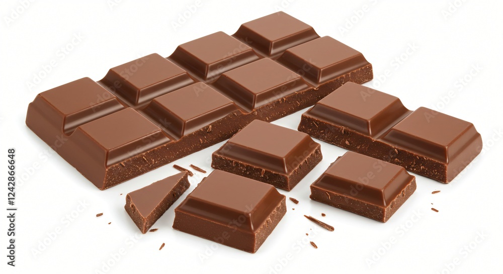 A delicious milk chocolate bar with smooth, glossy squares, some broken into smaller pieces, revealing a rich and creamy texture. Small chocolate flakes are scattered around. A delicious milk chocolate bar with smooth, glossy squares, some broken into smaller pieces, revealing a rich and creamy texture. Small chocolate flakes are scattered around.