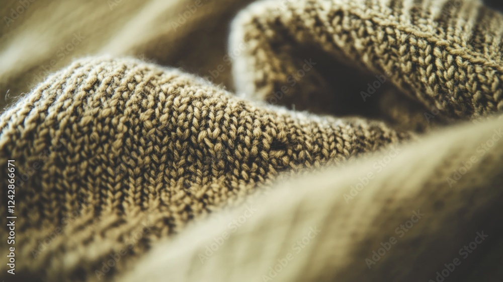 Close-up Knit Texture, Beige Fabric, Soft Focus, Cozy Background, Autumn Apparel Close-up Knit Texture, Beige Fabric, Soft Focus, Cozy Background, Autumn Apparel