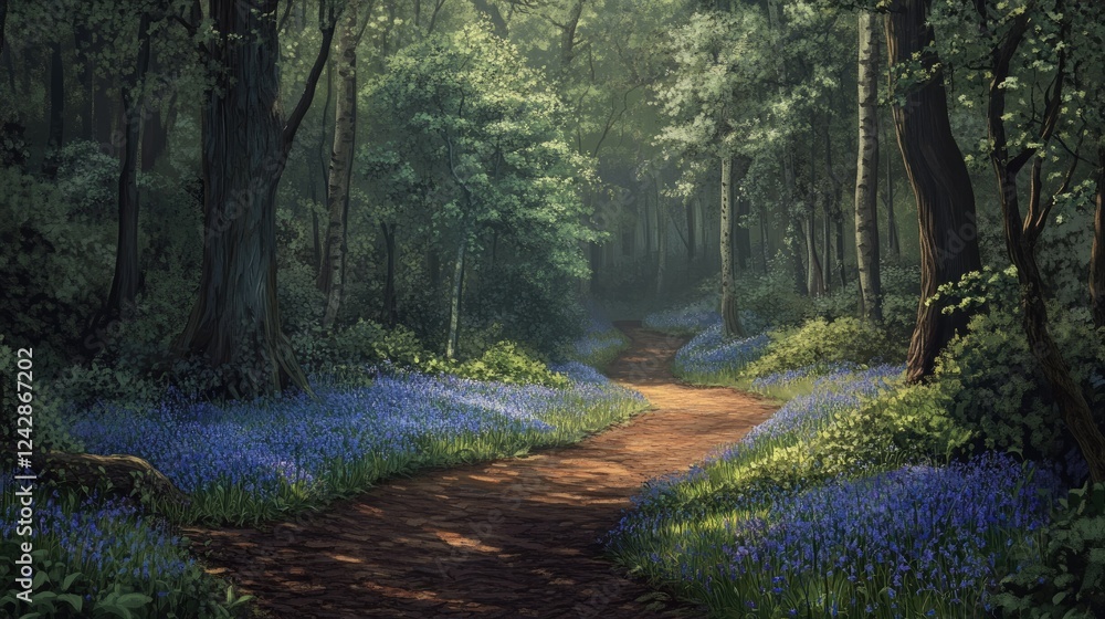 Obraz premium A dreamy forest walk, bluebells carpeting the ground along a winding pathway.