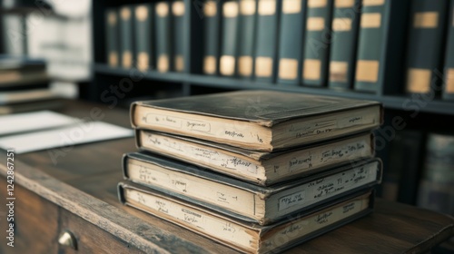 Old books on desk, library background, research
