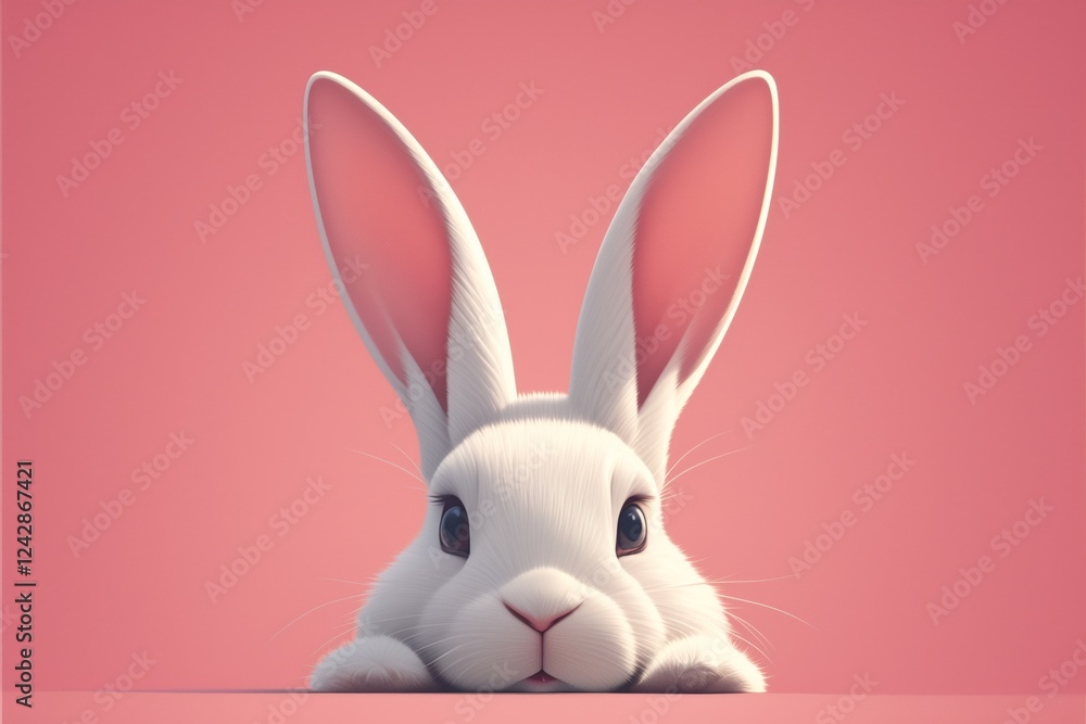Fototapeta premium Adorable white easter bunny peeking over pink background