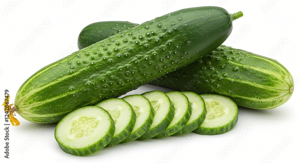 Fresh green cucumbers, whole and sliced, with a vibrant color and textured skin. The crisp slices reveal a juicy interior with seeds, perfect for salads, snacks, or hydration. Fresh green cucumbers, whole and sliced, with a vibrant color and textured skin. The crisp slices reveal a juicy interior with seeds, perfect for salads, snacks, or hydration.