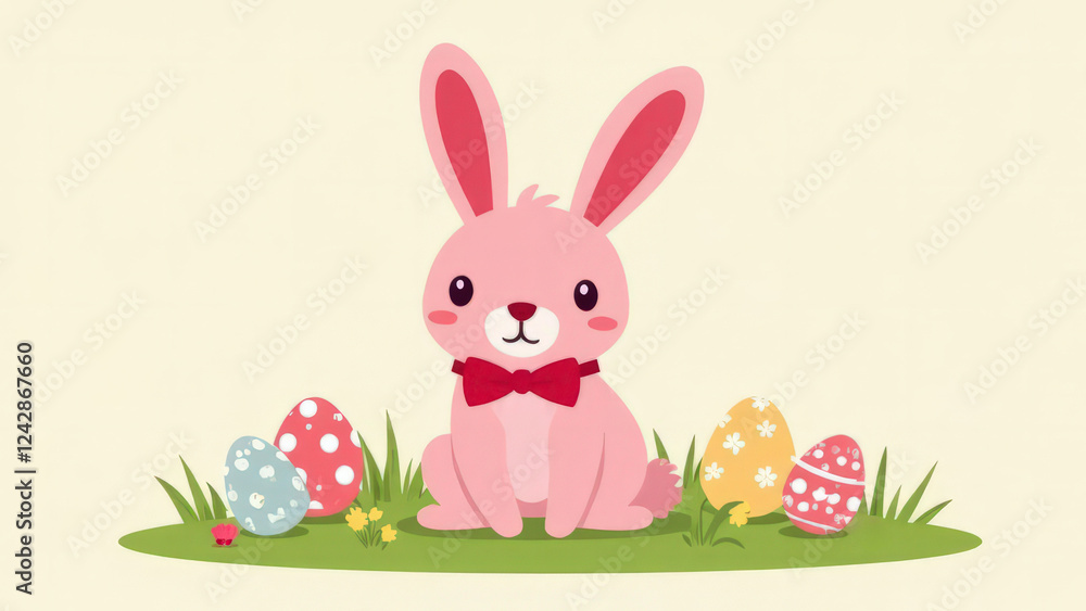 Illustration of a pink Easter bunny sitting on the grass among Easter painted eggs on a light background Illustration of a pink Easter bunny sitting on the grass among Easter painted eggs on a light background