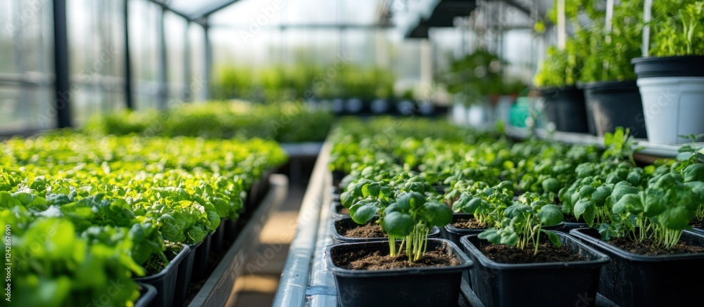 Greenhouse basil seedlings growing in sunlight Greenhouse basil seedlings growing in sunlight
