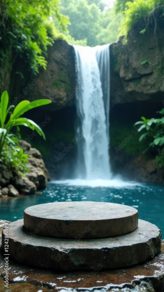 Vertical product mockup photo of stone podium, waterfall with natural pool with blue water in tropical forest with background Vertical product mockup photo of stone podium, waterfall with natural pool with blue water in tropical forest with background