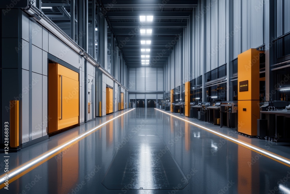Naklejka premium Futuristic manufacturing facility featuring robotic systems, interconnected workstations, and illuminated data circuits, optimizing production