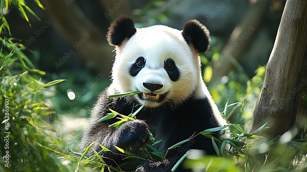 Obraz premium Cute Panda Bear Eating Bamboo on Transparent Background