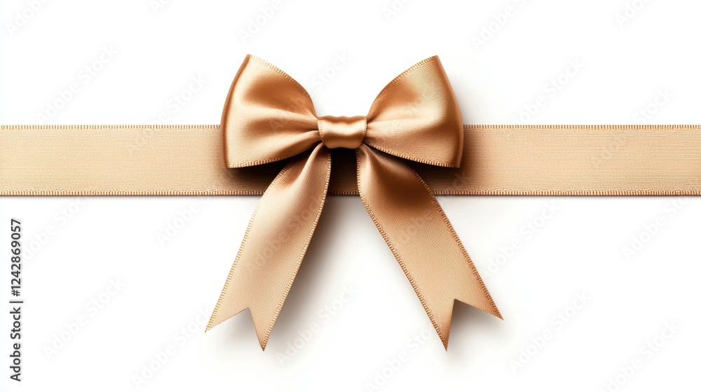 Glossy champagne-colored bow with neatly tied ribbons, detailed highlights for a realistic look, isolated on a clean white backdrop Glossy champagne-colored bow with neatly tied ribbons, detailed highlights for a realistic look, isolated on a clean white backdrop