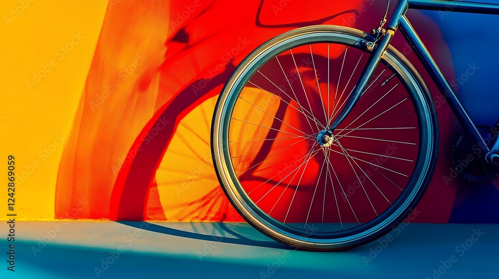 Fototapeta premium Bicycle wheel and its shadow at night bicycle crash isolated on a colorful background