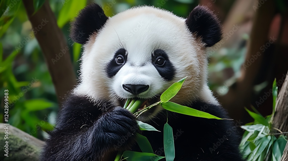 Fototapeta premium Cute Panda Bear Eating Bamboo on Transparent Background