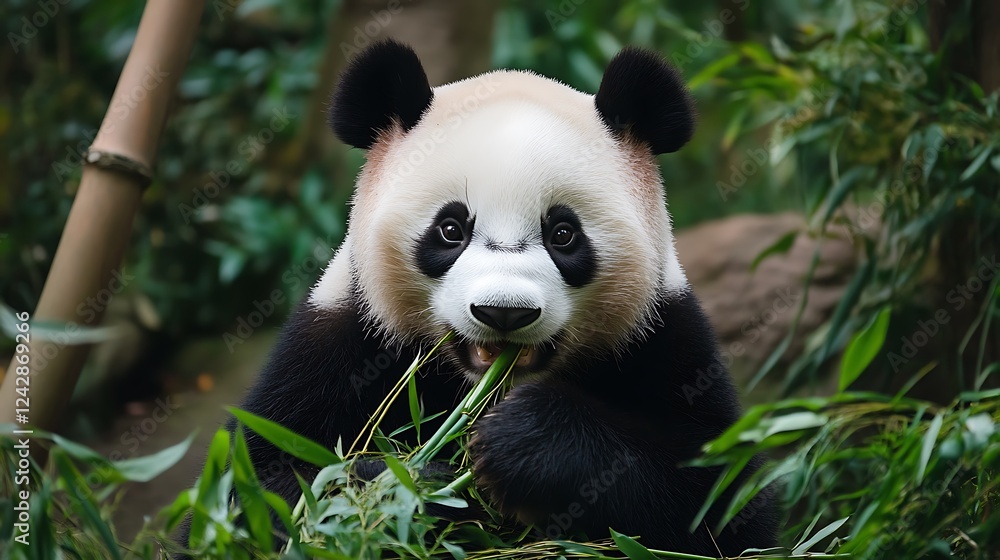 Fototapeta premium Cute Panda Bear Eating Bamboo on Transparent Background