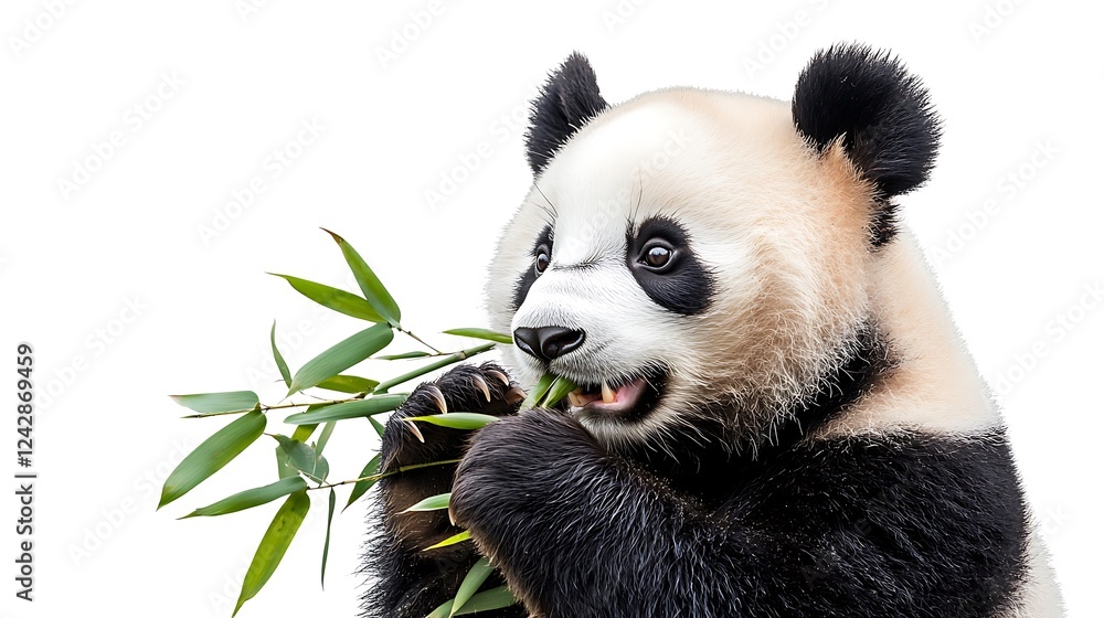 Fototapeta premium Cute Panda Bear Eating Bamboo on Transparent Background