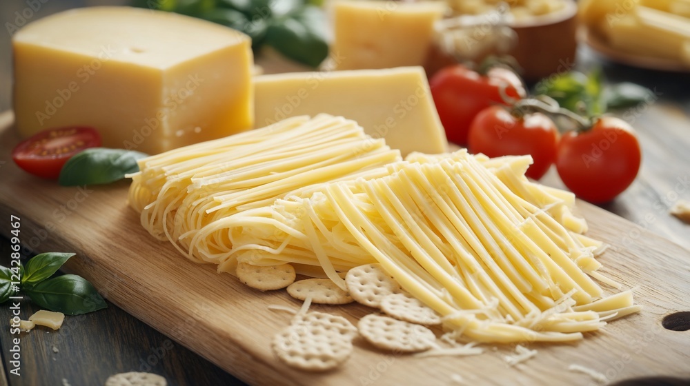 Delicious cheese assortment with pasta, crackers, tomatoes, and basil on wooden board Delicious cheese assortment with pasta, crackers, tomatoes, and basil on wooden board