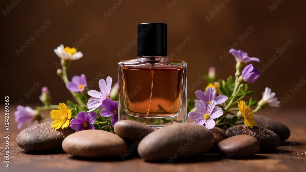 Product mockup photo with a glass perfume bottle with a dark cop, centered atop an arrongement of natural brown stones, warm brown background Product mockup photo with a glass perfume bottle with a dark cop, centered atop an arrongement of natural brown stones, warm brown background