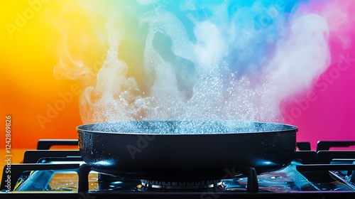 Boiling water on the stove isolated on a colorful background