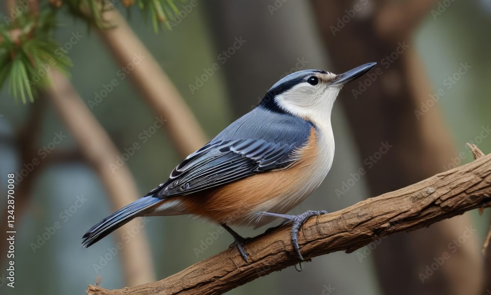 Fototapeta premium White breasted nuthatch chirping while perched on a branch, serenade, tweeting, melodious, call, chirping