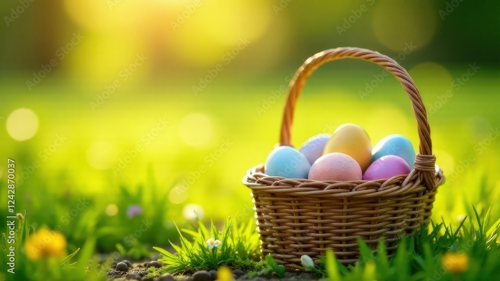 Close-up of a basket full of Easter decorated pink, yellow and blue eggs standing on the green grass to the right, with space for text, Easter concept Close-up of a basket full of Easter decorated pink, yellow and blue eggs standing on the green grass to the right, with space for text, Easter concept