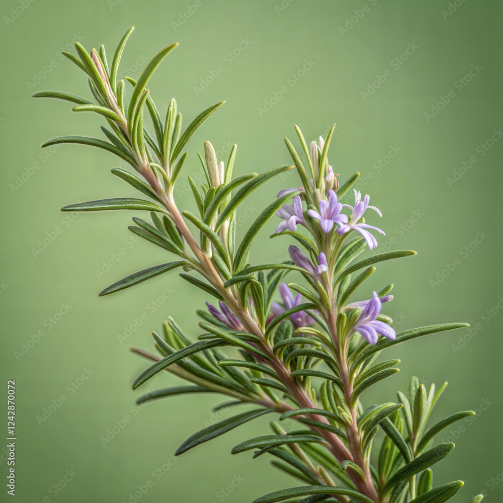 Obraz premium Rosemary herb plant with purple flowers against a soft green background