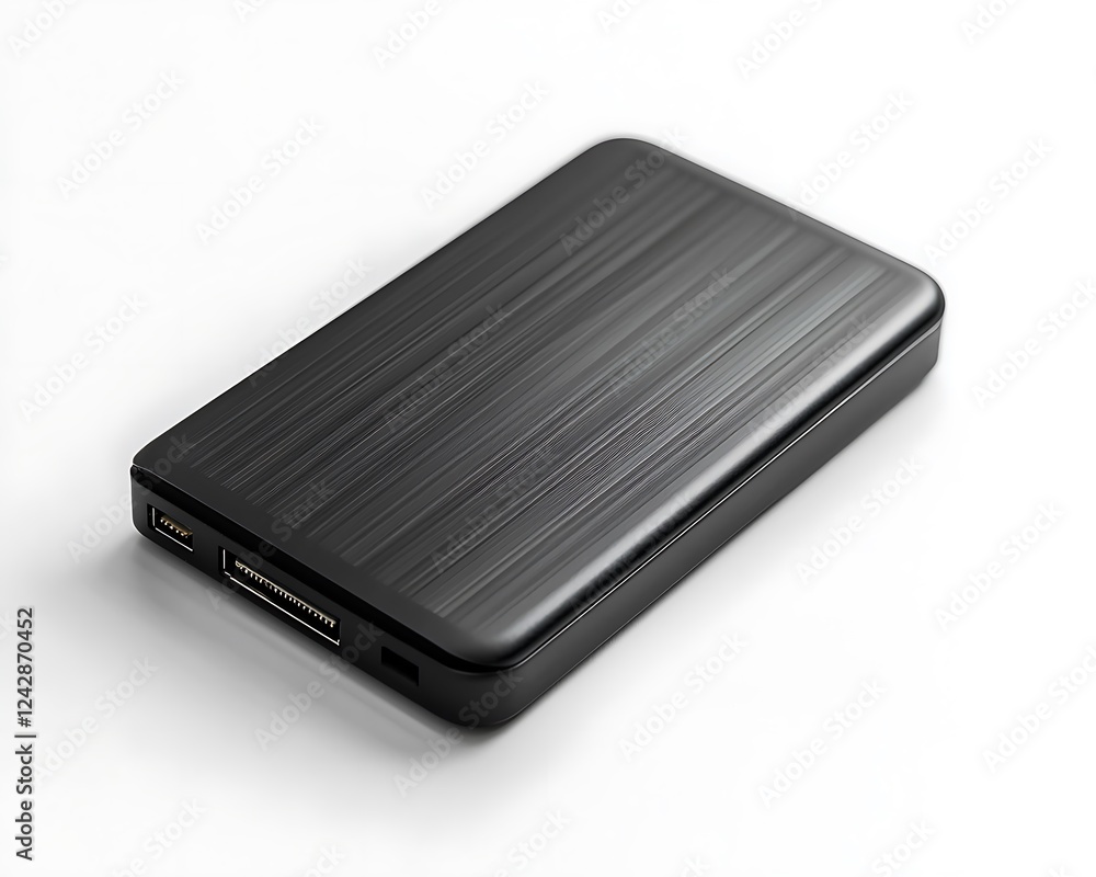 Portable external SSD drive with fast data transfer speed isolated white backdrop Portable external SSD drive with fast data transfer speed isolated white backdrop