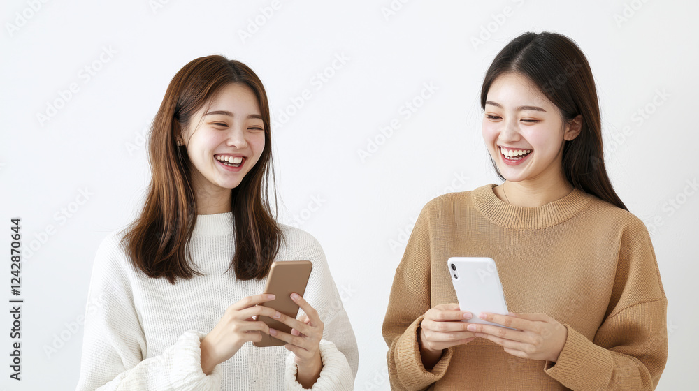 Two smiling women using smartphones in bright, modern setting Two smiling women using smartphones in bright, modern setting