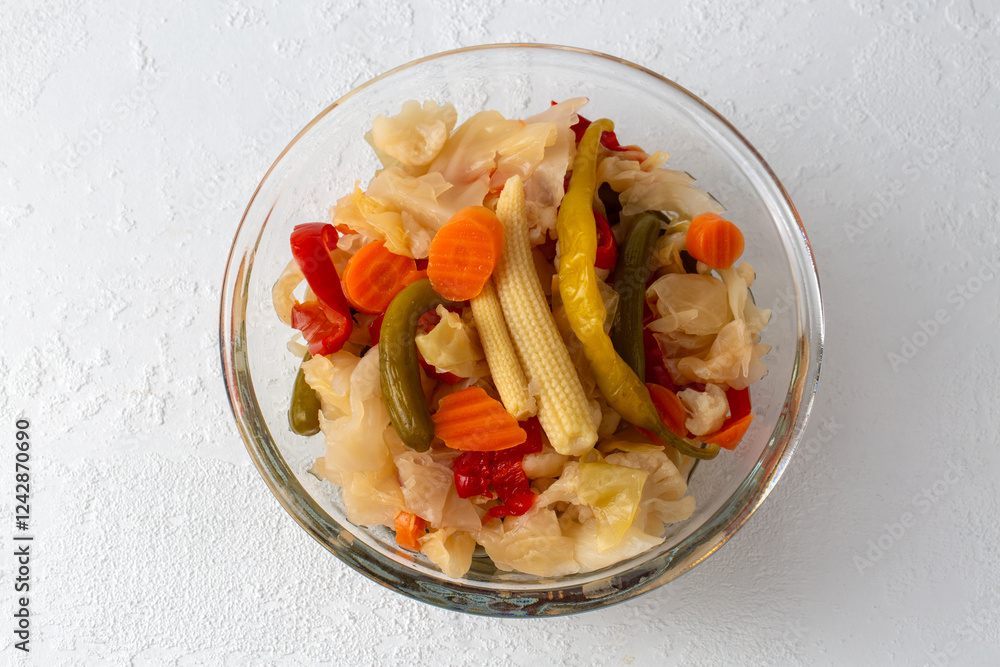 Assorted mixed pickled vegetables in bowl - plate, Turkish name; tursu.