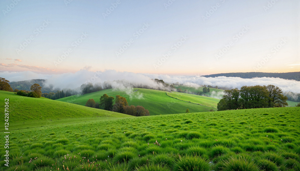 Obraz premium Lush green hills under misty sky at dawn, serene natural beauty