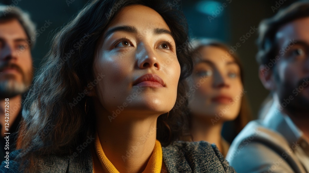 Woman intently watching presentation, audience, conference, focused expression, event, marketing Woman intently watching presentation, audience, conference, focused expression, event, marketing