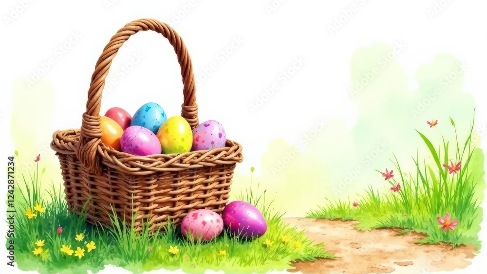 Close-up of a basket full of Easter decorated red, pink, yellow and blue eggs standing on the green grass to the left, with space for text, Easter concept Close-up of a basket full of Easter decorated red, pink, yellow and blue eggs standing on the green grass to the left, with space for text, Easter concept