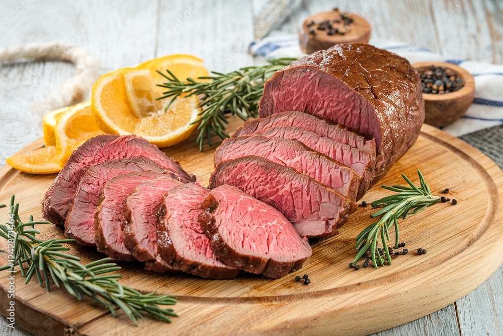 Sliced Boiled Beef on the wooden cutting board Sliced Boiled Beef on the wooden cutting board