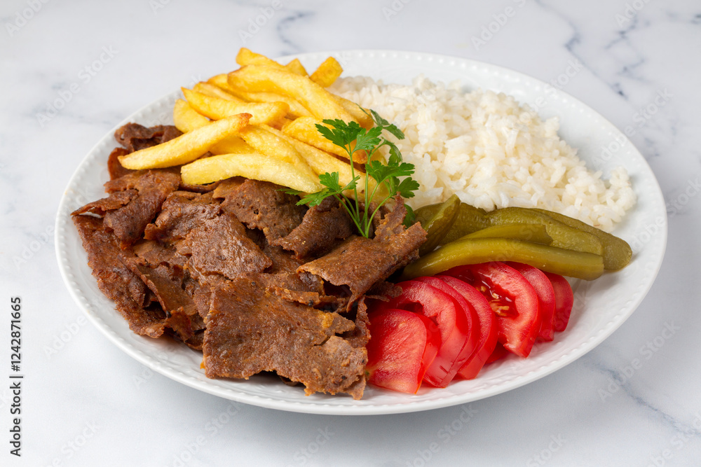 Meat doner menu, iskender menu on plate, turkish special meat doner, food, special menu (Turkish name; pilav üstü et doner)