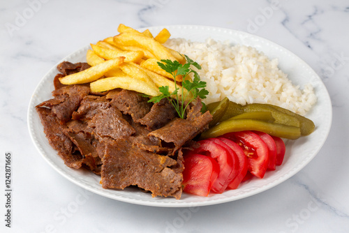 Obraz na płótnie Meat doner menu, iskender menu on plate, turkish special meat doner, food, special menu (Turkish name; pilav üstü et doner) w salonie