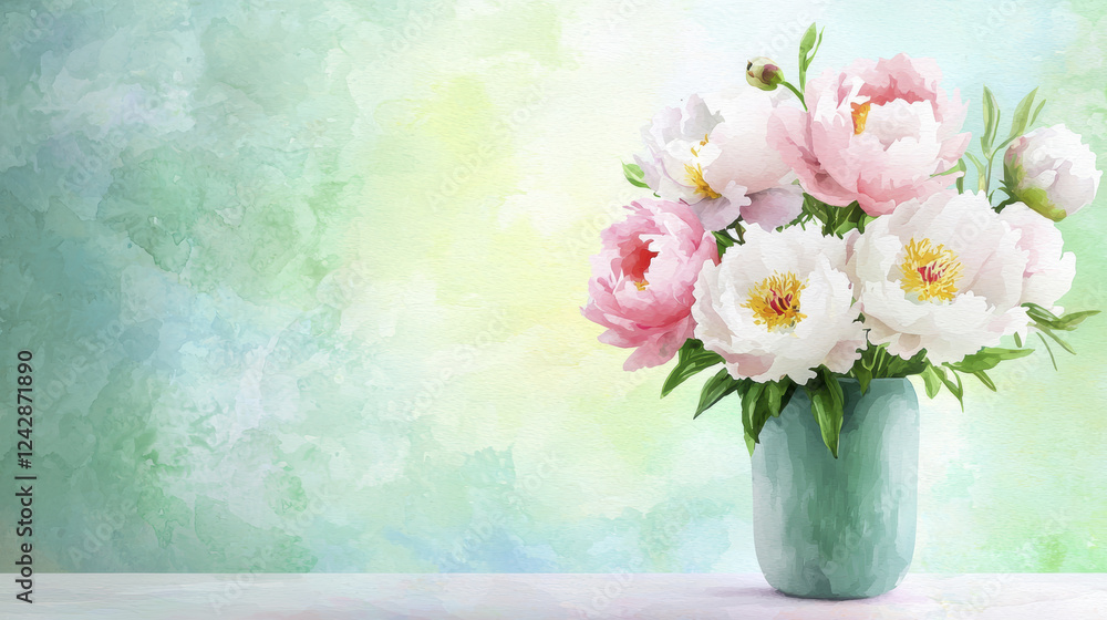 Obraz premium Watercolor painting of peonies in vase, showcasing soft pink and white flowers against gentle green background, evoking tranquility