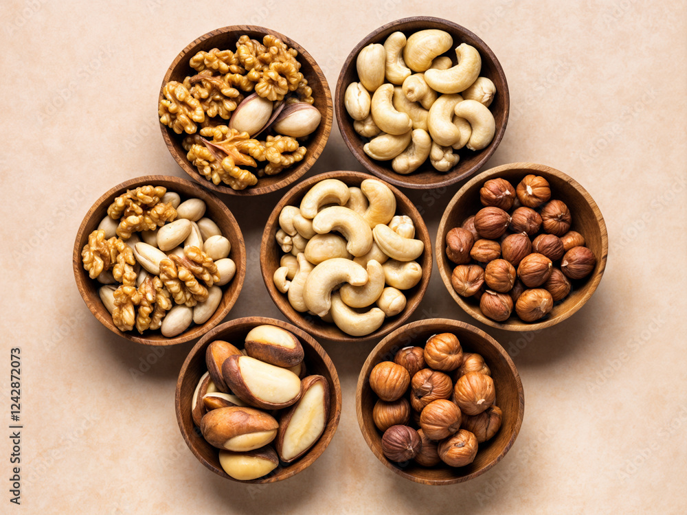 The image displays an assortment of mixed nuts in various bowls, arranged against pastel and earthy backgrounds. The collection includes almonds, cashews, walnuts, peanuts, and hazelnuts, creating The image displays an assortment of mixed nuts in various bowls, arranged against pastel and earthy backgrounds. The collection includes almonds, cashews, walnuts, peanuts, and hazelnuts, creating