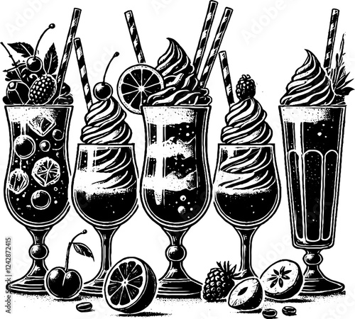 set of cups of coffee with fruts and waffles