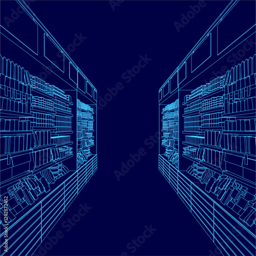 The image is a blue drawing of a store with shelves full of goods. The shelves are lined with goods of various sizes, creating a sense of depth and dimension