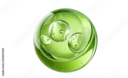 green water liquid bubble, drops, transparent sphere ball, moisture serum, molecules cells, water splash,3d render,Cosmetic and luxury product