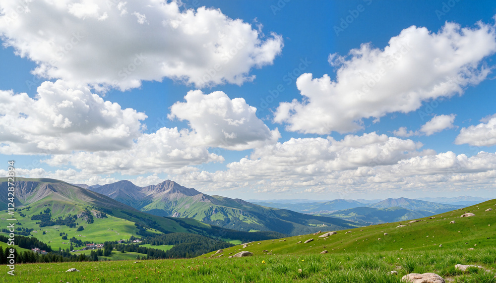 Vast green mountain landscape under clear blue sky, natural beauty Vast green mountain landscape under clear blue sky, natural beauty