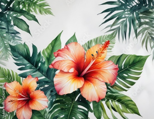 Watercolour painting of tropical flowers with exotic leaves on a white canvas , nature, flower