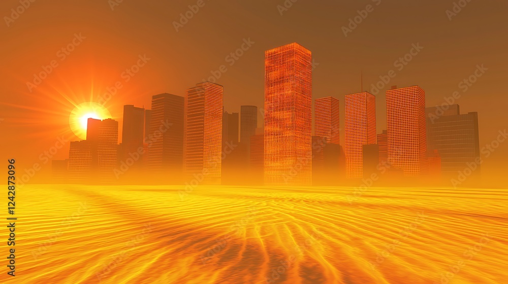 A cityscape with buildings radiating heat, the pavement shimmering with heatwaves, the skyline distorted by rising temperatures, the sun setting in the background casting an intense red-orange glow, A cityscape with buildings radiating heat, the pavement shimmering with heatwaves, the skyline distorted by rising temperatures, the sun setting in the background casting an intense red-orange glow,