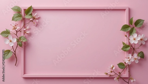 A pink frame on pink background showcasing a spring bloom, cherry blossoms, and a delicate petals and branches in a garden setting photo