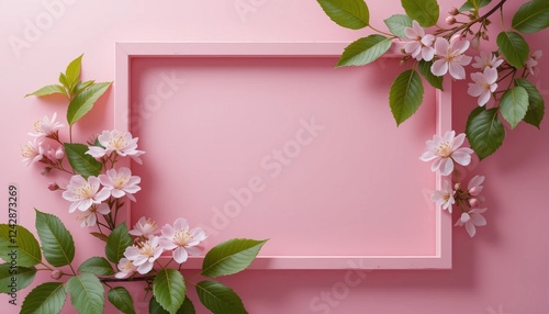 A pink frame on pink background showcasing a spring bloom, cherry blossoms, and a delicate petals and branches in a garden setting photo