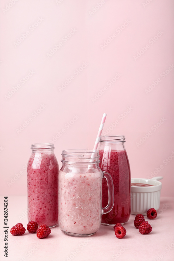 The image showcases a collection of fruit smoothies in glass bottles and jars against a soft pink background. The smoothies vary in shades of pink, red, and purple, with some featuring straws. The set The image showcases a collection of fruit smoothies in glass bottles and jars against a soft pink background. The smoothies vary in shades of pink, red, and purple, with some featuring straws. The set